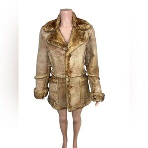 Tan Shearling Coat with Fur Trim